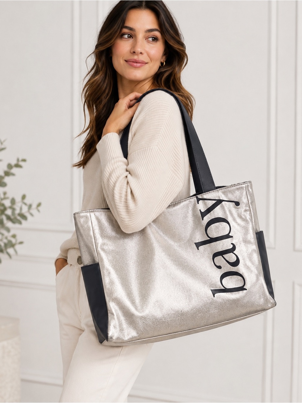 Kate Spade Metallic Silver Baby Diaper Tote Shoulder Bag Large